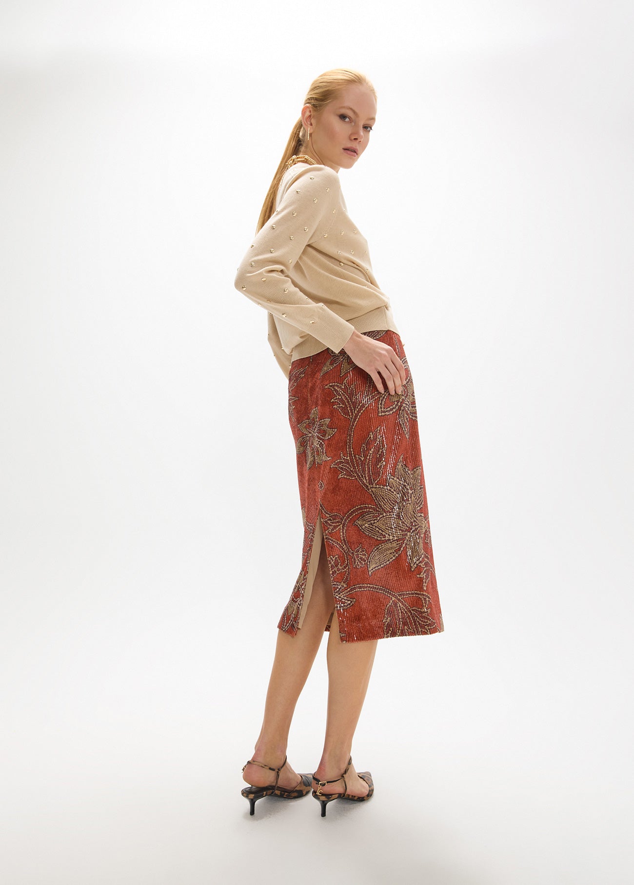 mf2608002-Sequin pencil skirt-Brick