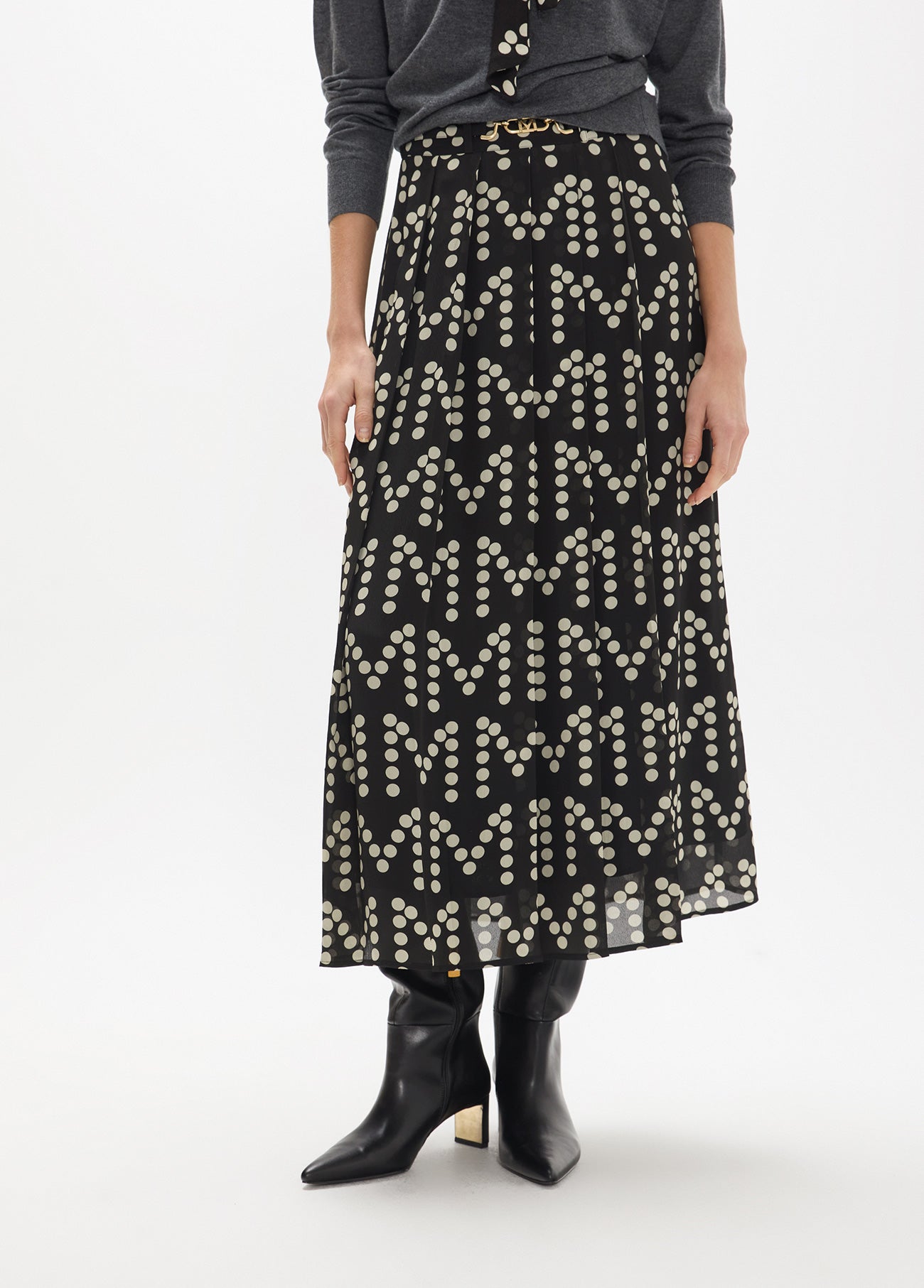 mf2608006-Pleated skirt with m polka dots logotyped print, with custom buckle-Black-Ecru