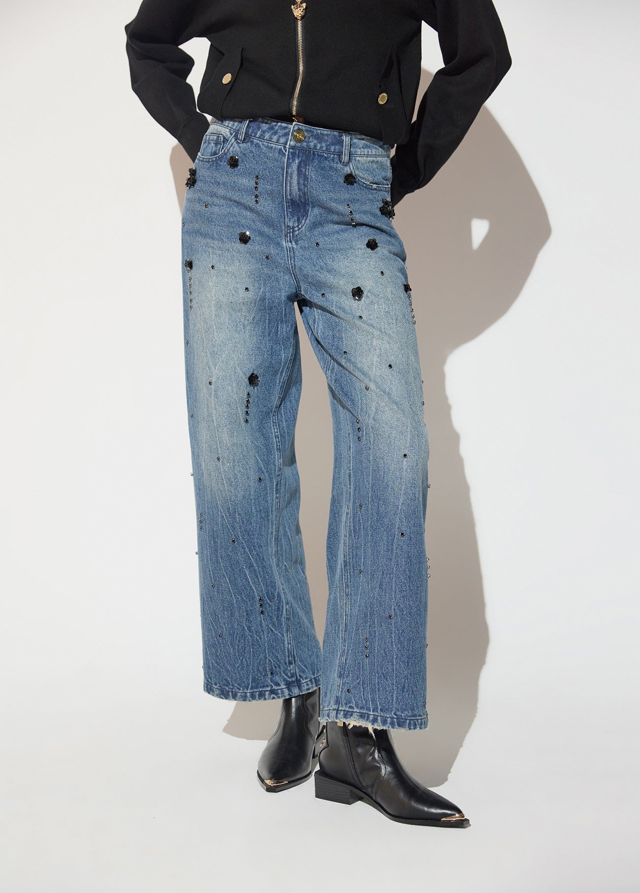 mf2614023-Straight denim with rhinestones and black flower rhinestones-Blue-Denim