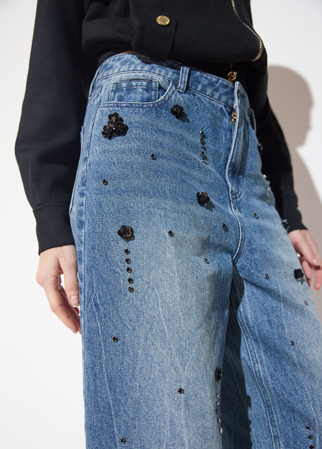 mf2614023-Straight denim with rhinestones and black flower rhinestones-Blue-Denim
