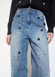 mf2614023-Straight denim with rhinestones and black flower rhinestones-Blue-Denim