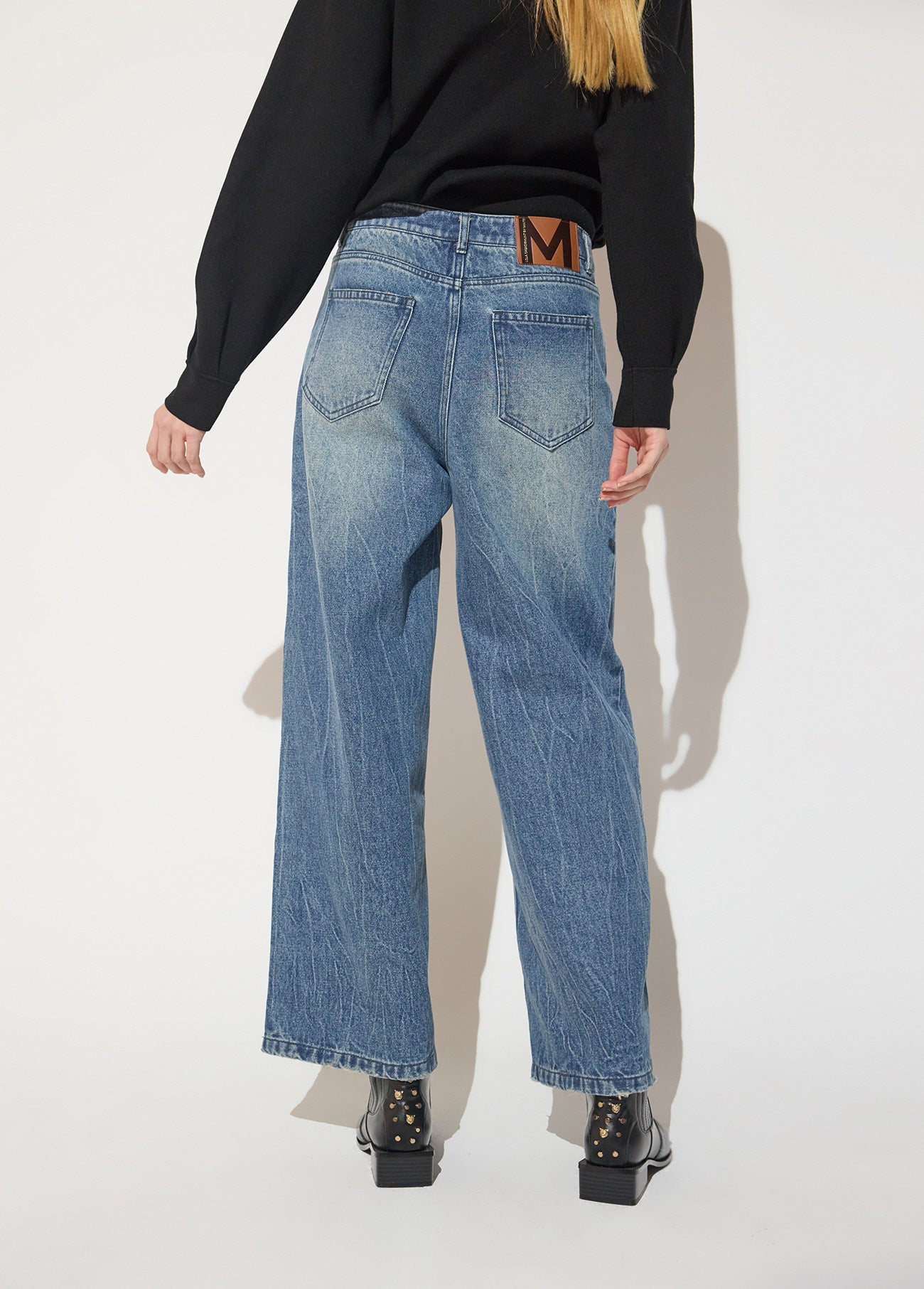 mf2614023-Straight denim with rhinestones and black flower rhinestones-Blue-Denim