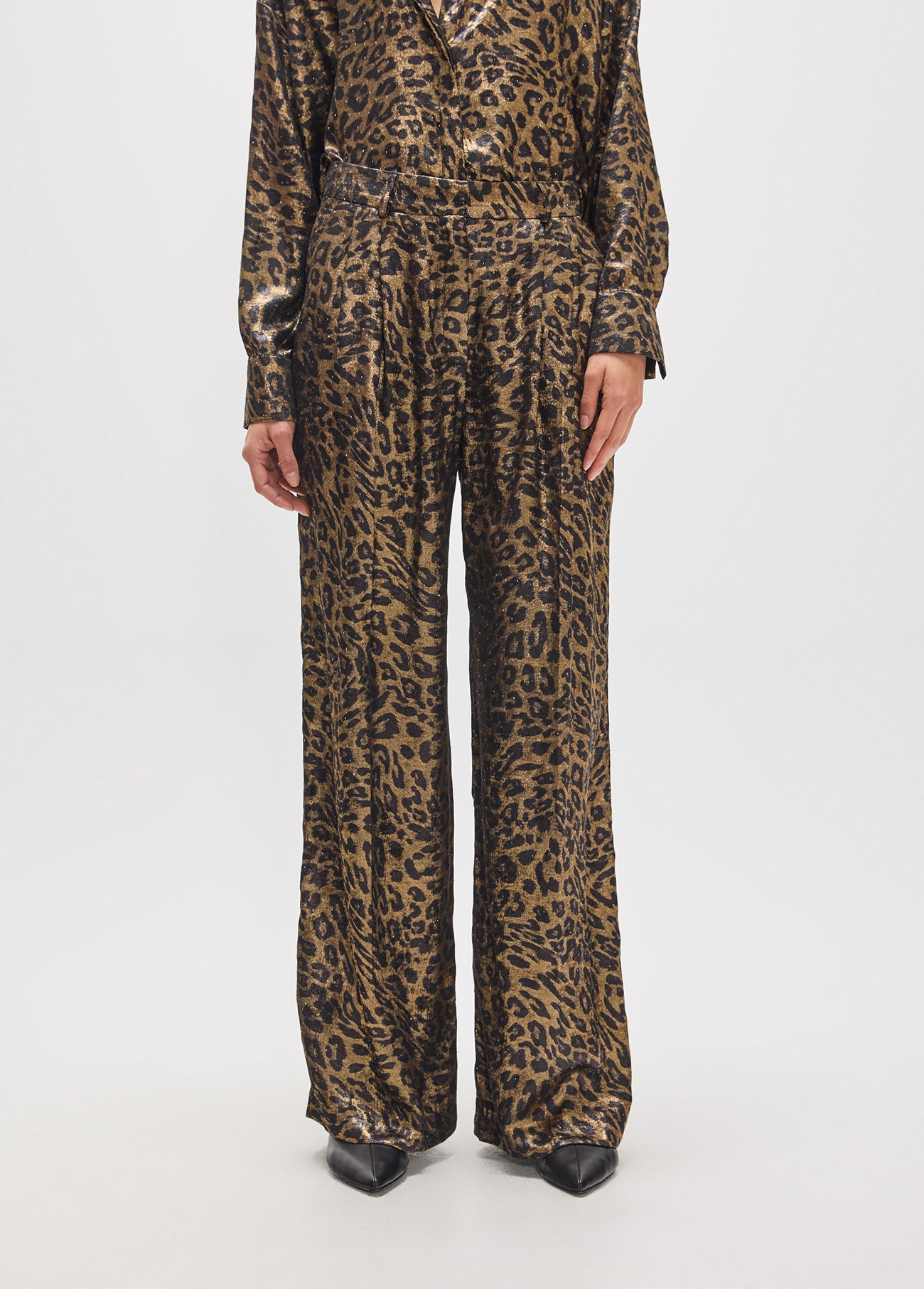 mf2614026-Long leopard pleated trousers printed with black rhinestone splatters-Brown-Multicolor