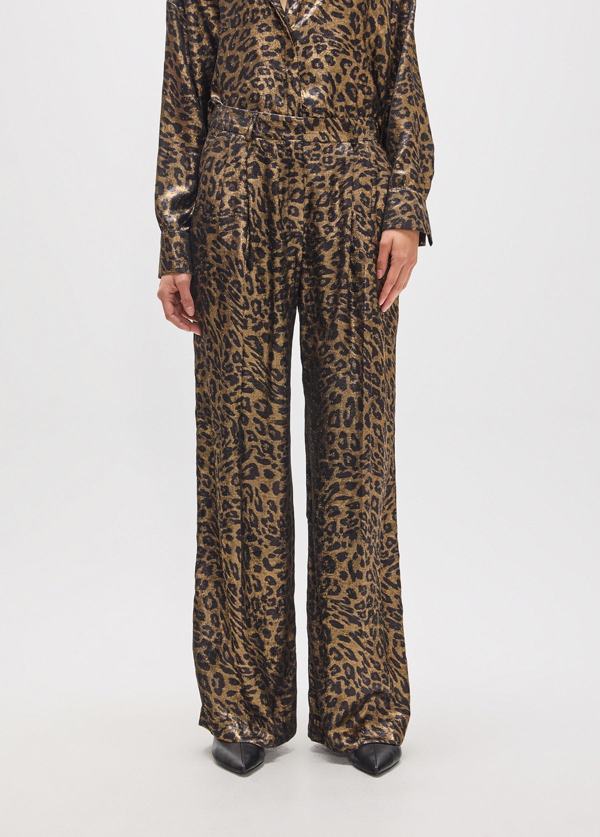 mf2614026-Long leopard pleated trousers printed with black rhinestone splatters-Brown-Multicolor