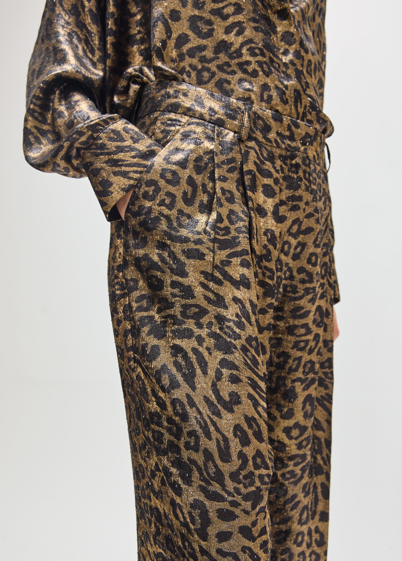 mf2614026-Long leopard pleated trousers printed with black rhinestone splatters-Brown-Multicolor