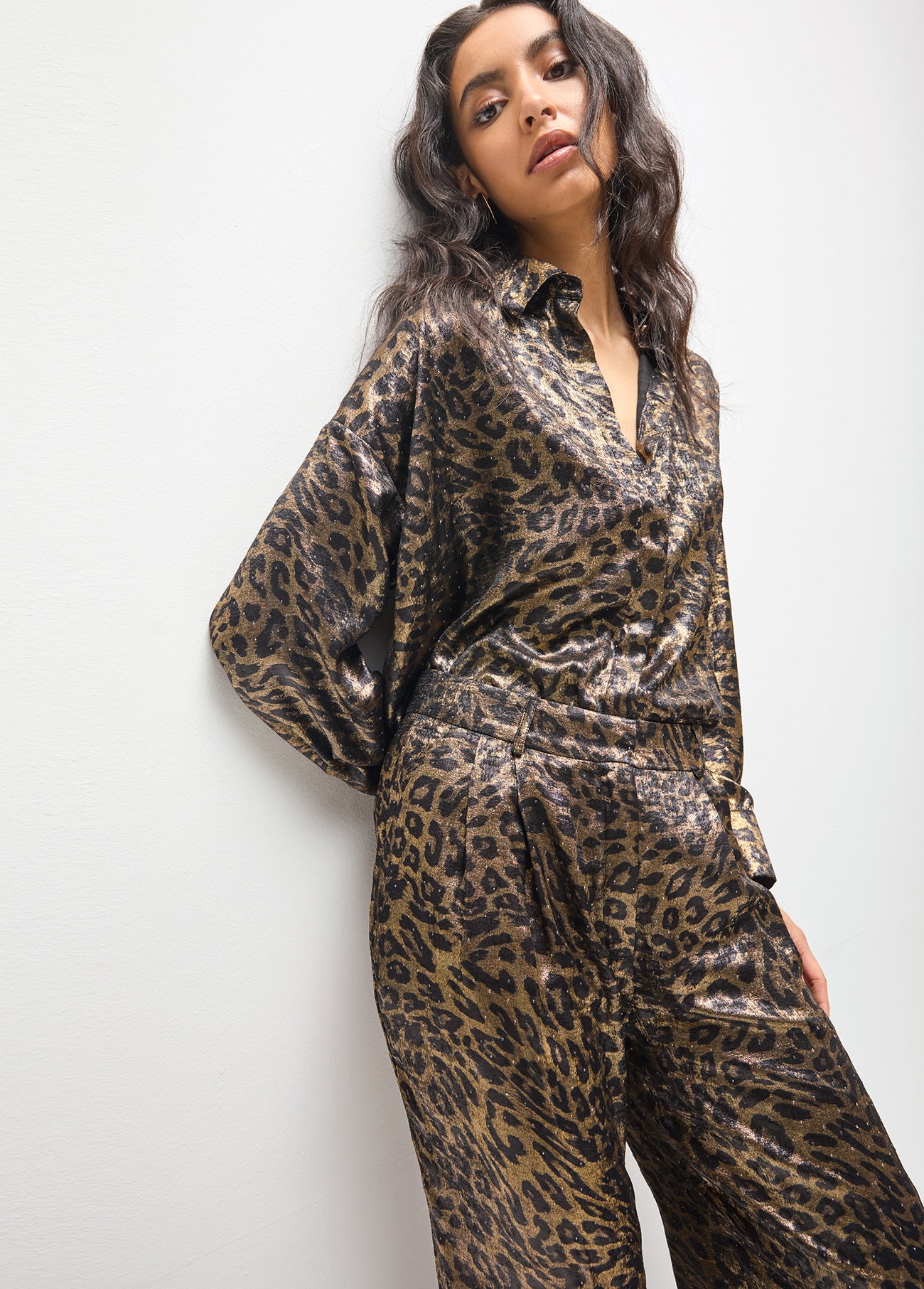 mf2614026-Long leopard pleated trousers printed with black rhinestone splatters-Brown-Multicolor