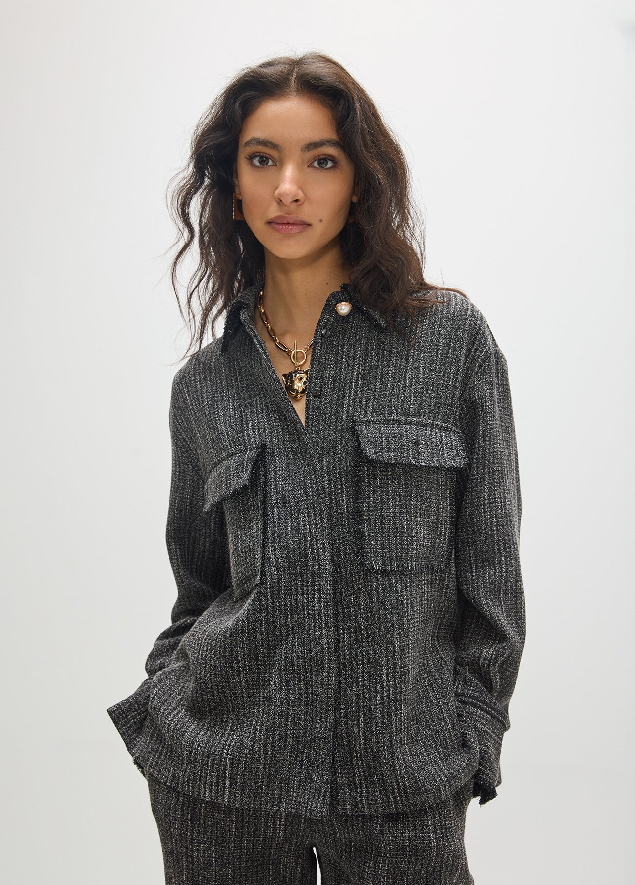 mf2615009-Oversize overshirt with pearl button detail-Dark Grey