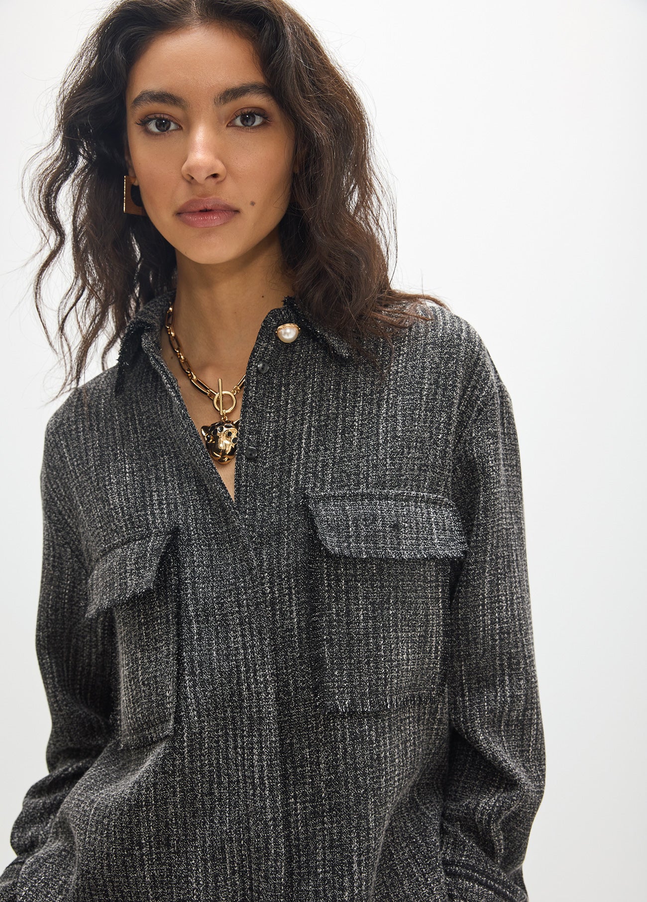 mf2615009-Oversize overshirt with pearl button detail-Dark Grey