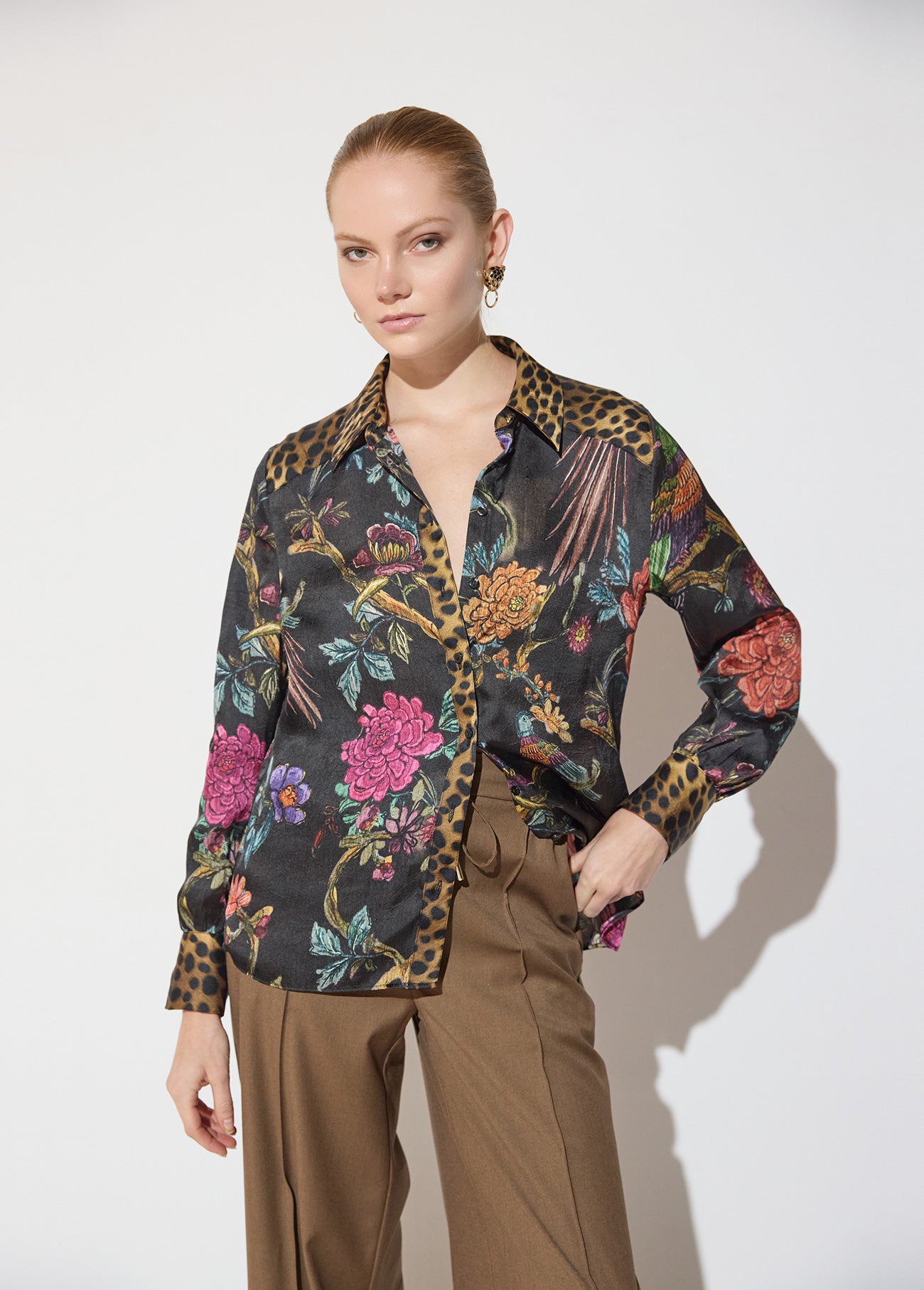 mf2615017-Regular shirt with combination of animal prints and flowers-Brown-Multicolor