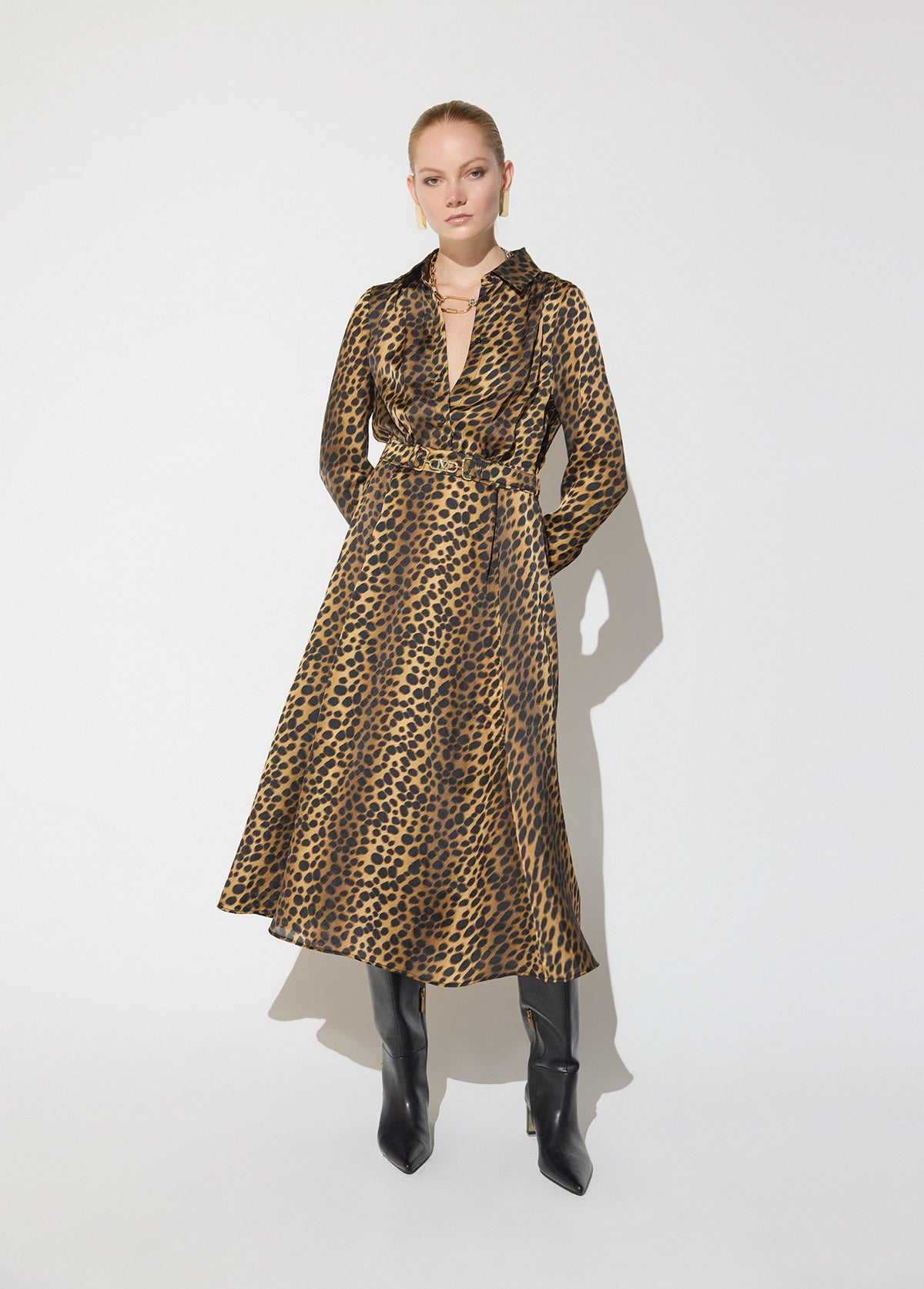 mf2616004-Printed animal dress with gold buckle belt-Brown-Multicolor