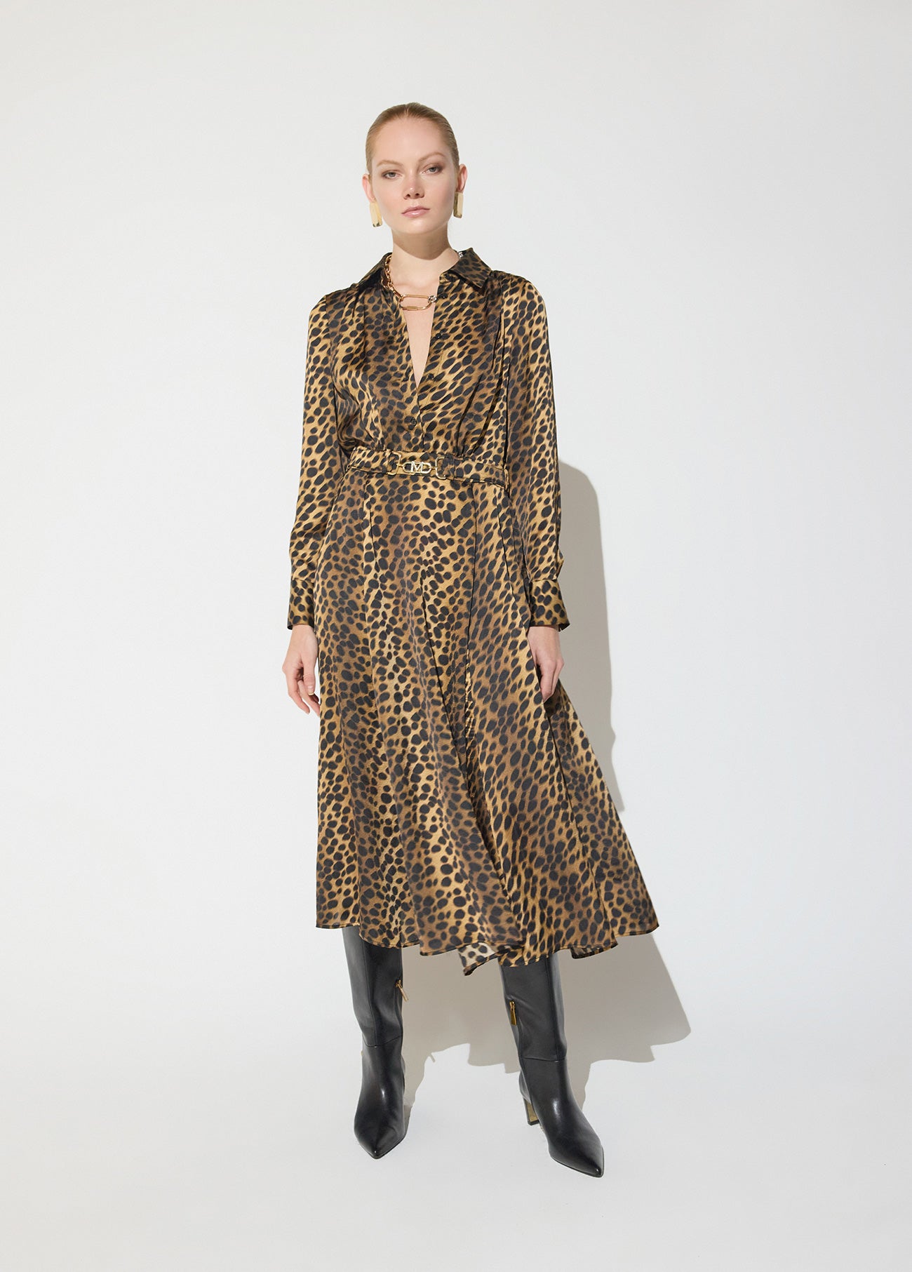 mf2616004-Printed animal dress with gold buckle belt-Brown-Multicolor