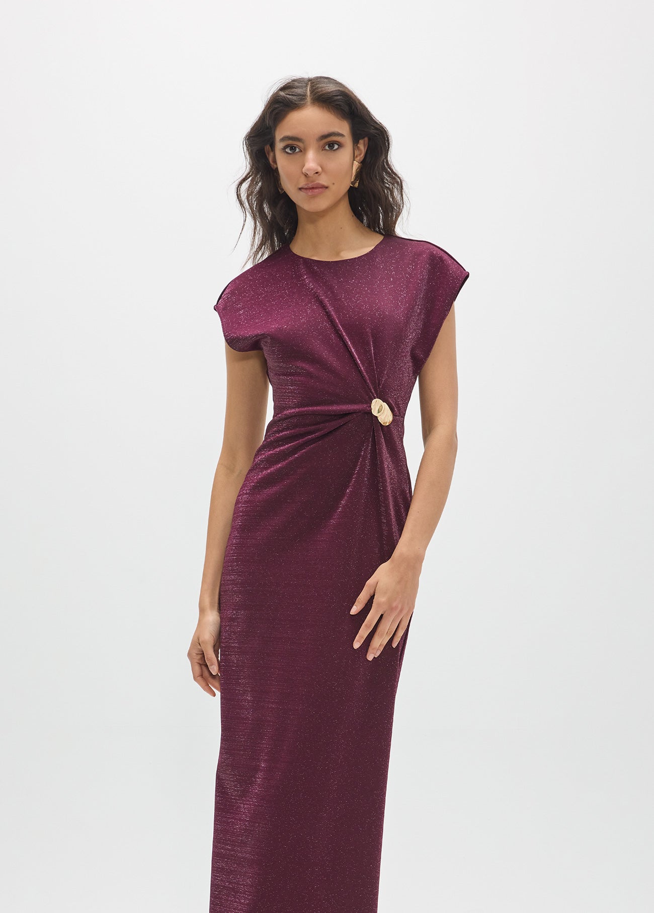 mf2616007-Roma knit dress with lurex, midi and sleeveless with knot and gold piece in the center-Red Wine/Burgundi