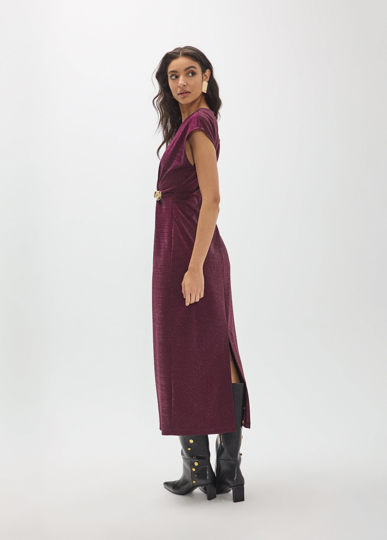 mf2616007-Roma knit dress with lurex, midi and sleeveless with knot and gold piece in the center-Red Wine/Burgundi
