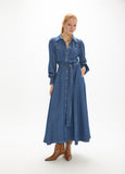mf2616008-Denim midi dress, puffed sleeves with gold pearl details and belt-Medium Blue