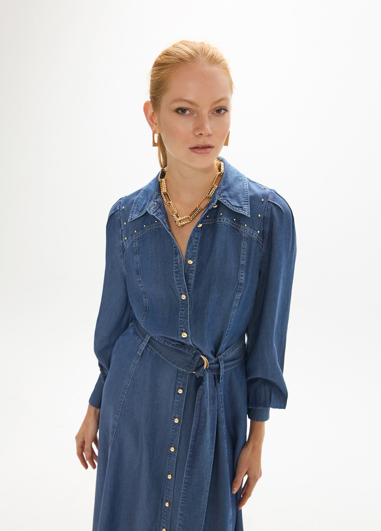 mf2616008-Denim midi dress, puffed sleeves with gold pearl details and belt-Medium Blue