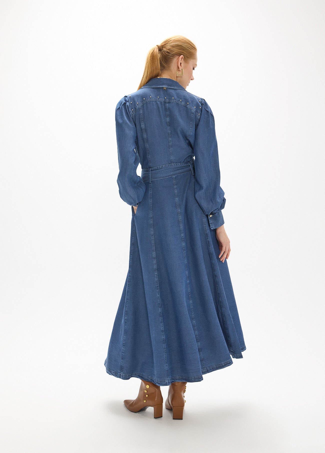 mf2616008-Denim midi dress, puffed sleeves with gold pearl details and belt-Medium Blue
