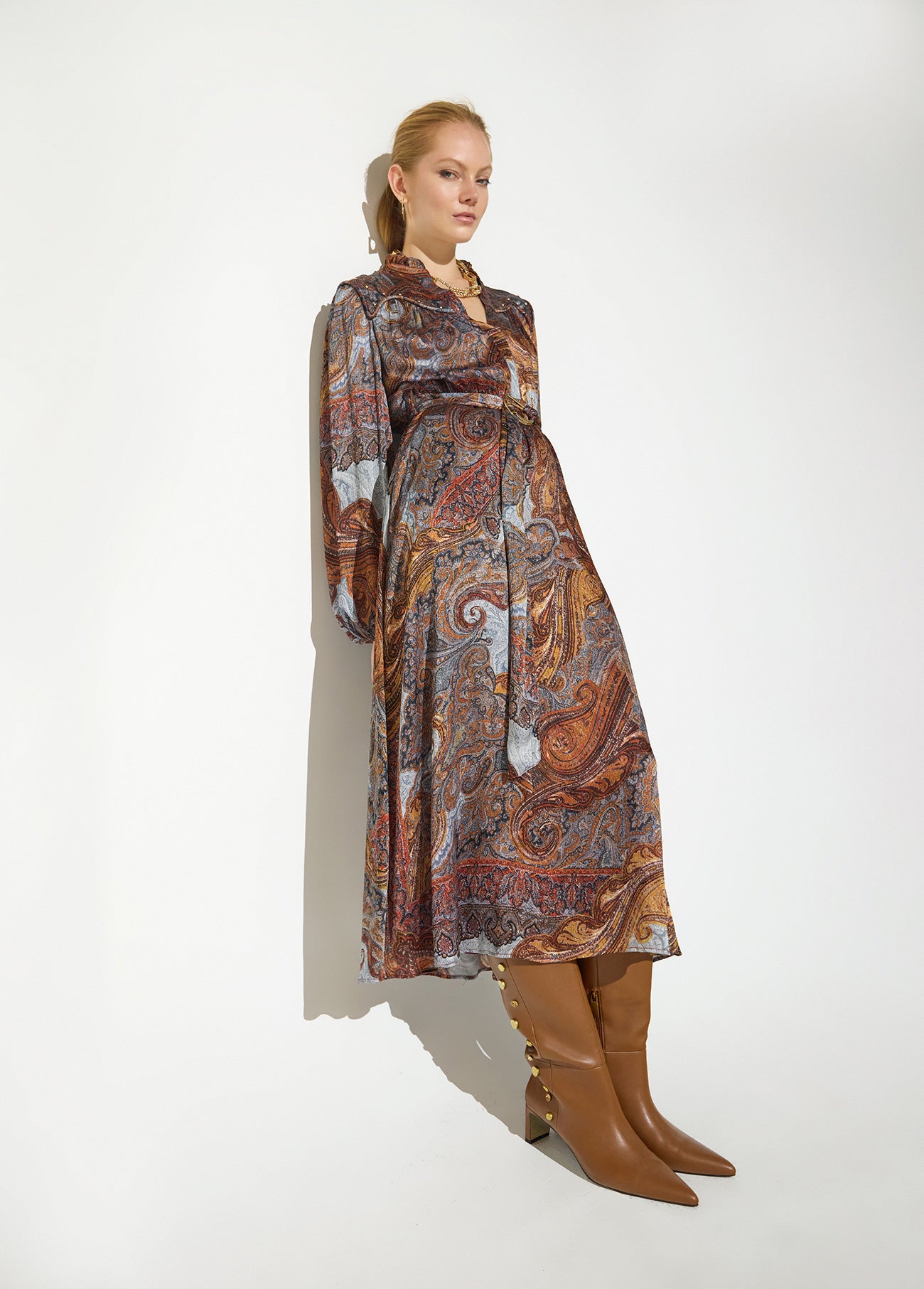 mf2616010-Boho midi dress, with golden rhinestone details, elastic on the cuffs and belt with gold buckle-Blue-Multicolor