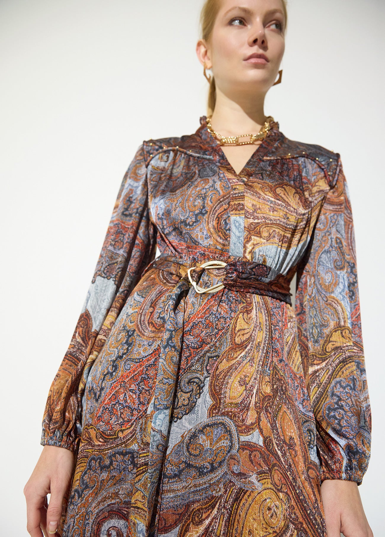 mf2616010-Boho midi dress, with golden rhinestone details, elastic on the cuffs and belt with gold buckle-Blue-Multicolor