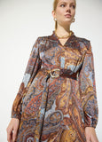 mf2616010-Boho midi dress, with golden rhinestone details, elastic on the cuffs and belt with gold buckle-Blue-Multicolor