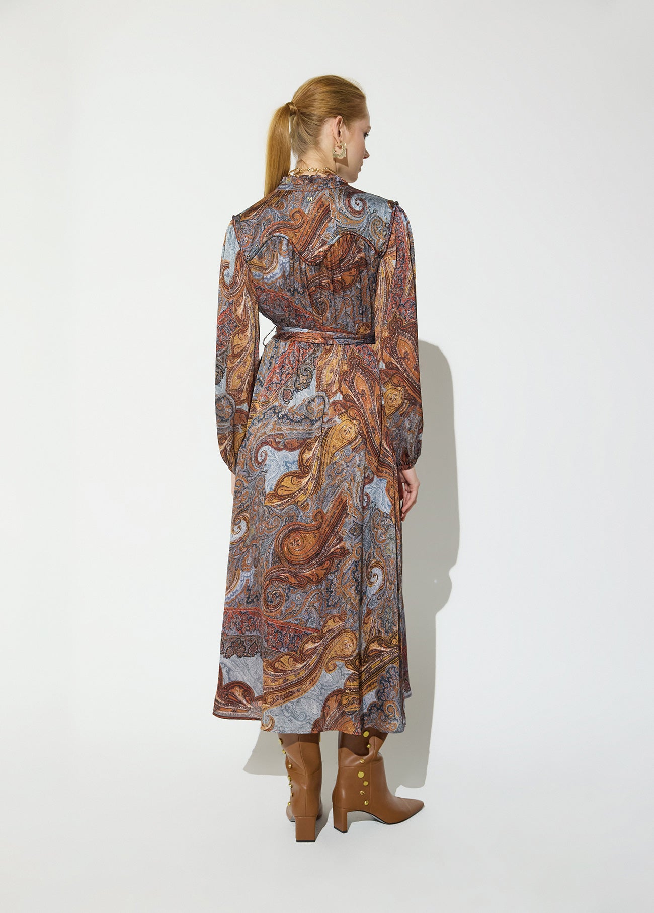 mf2616010-Boho midi dress, with golden rhinestone details, elastic on the cuffs and belt with gold buckle-Blue-Multicolor
