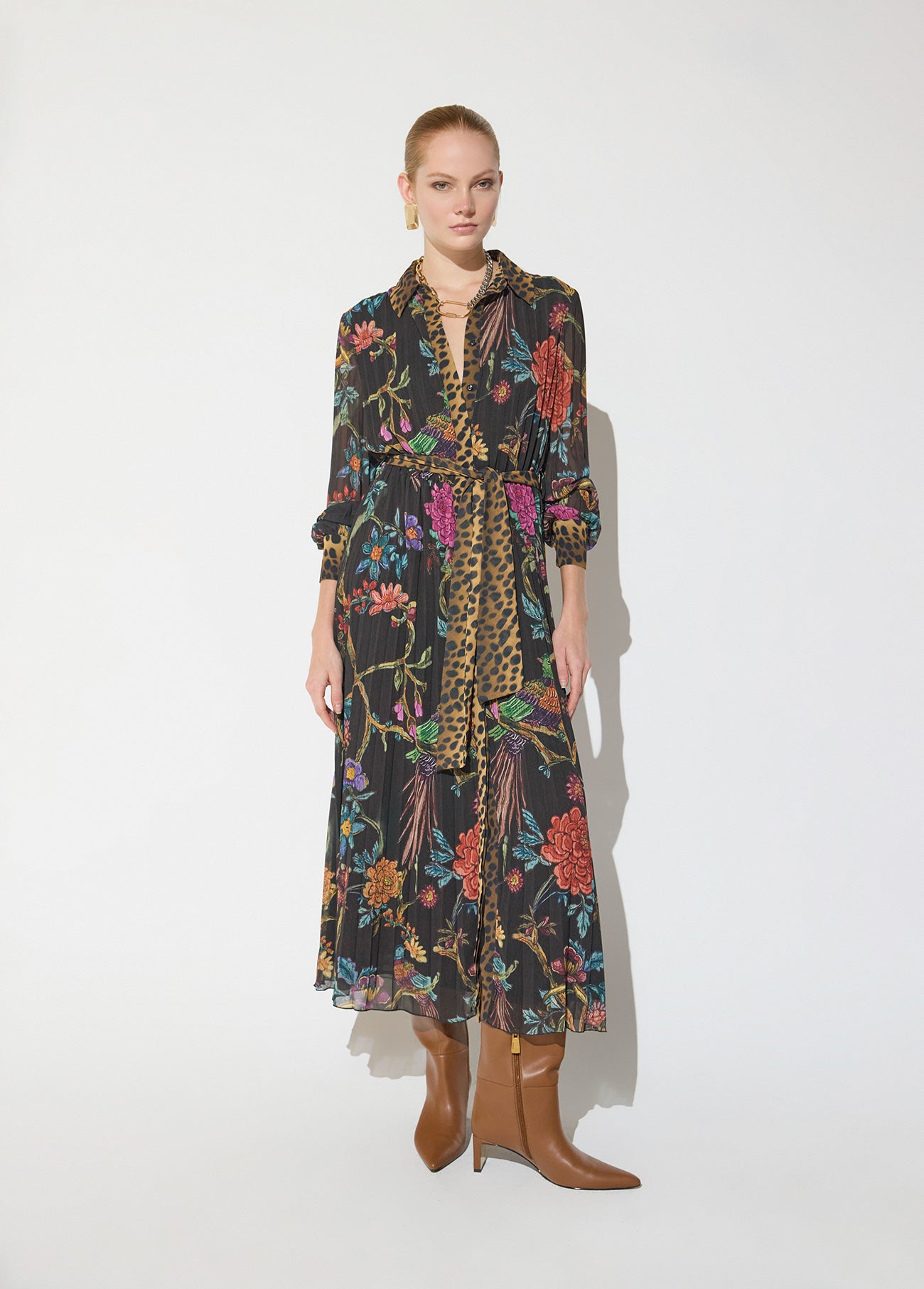 mf2616011-Pleated midi dress printed with contrasting placket-Brown-Multicolor