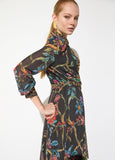 mf2616011-Pleated midi dress printed with contrasting placket-Brown-Multicolor