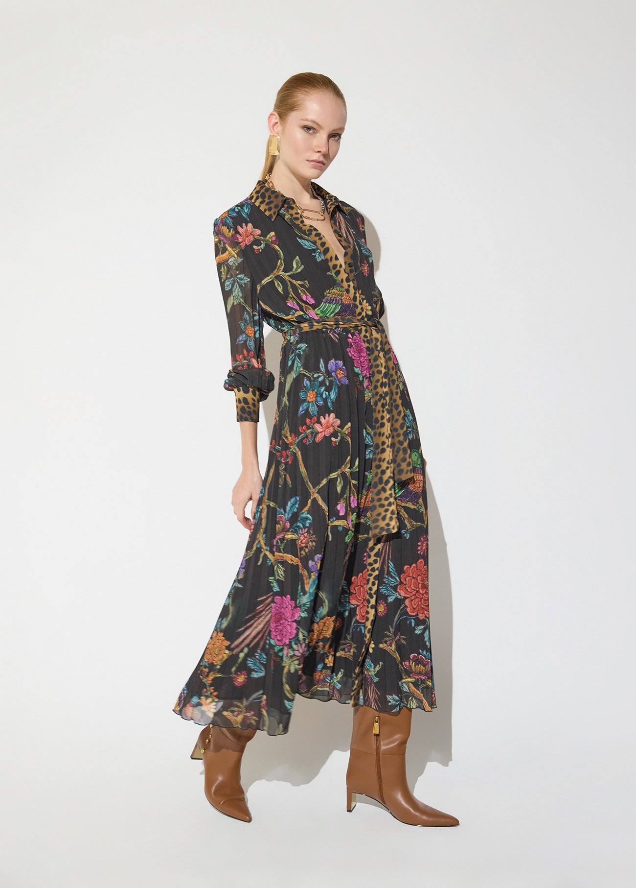 mf2616011-Pleated midi dress printed with contrasting placket-Brown-Multicolor