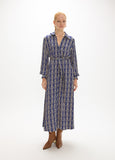 mf2616016-Monogrammed chain print midi dress with belt-Blue-Ecru