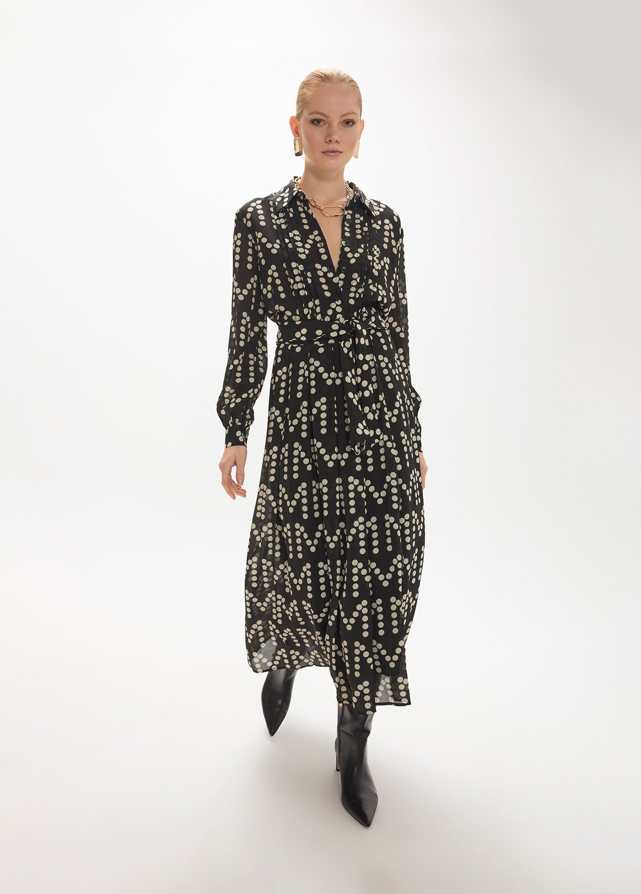 mf2616018-Long dress with draws in monogram polka dot print-Black-Ecru