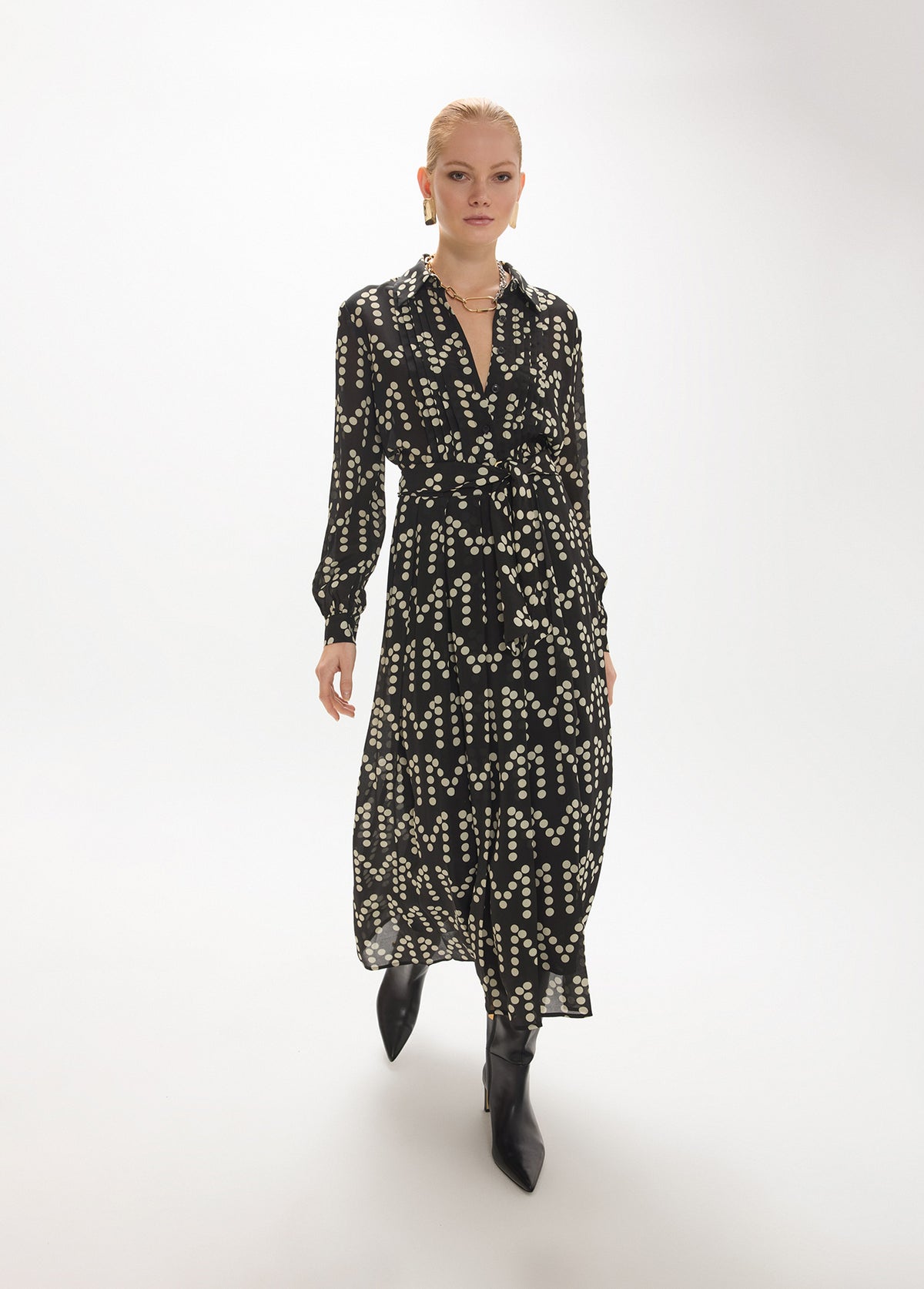 mf2616018-Long dress with draws in monogram polka dot print-Black-Ecru