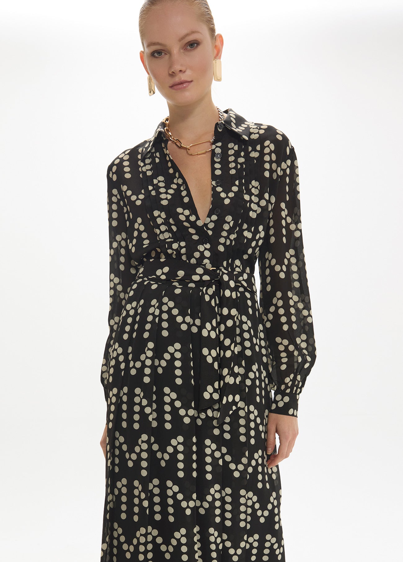 mf2616018-Long dress with draws in monogram polka dot print-Black-Ecru