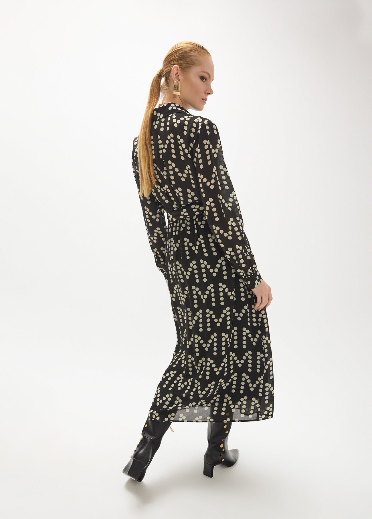 mf2616018-Long dress with draws in monogram polka dot print-Black-Ecru