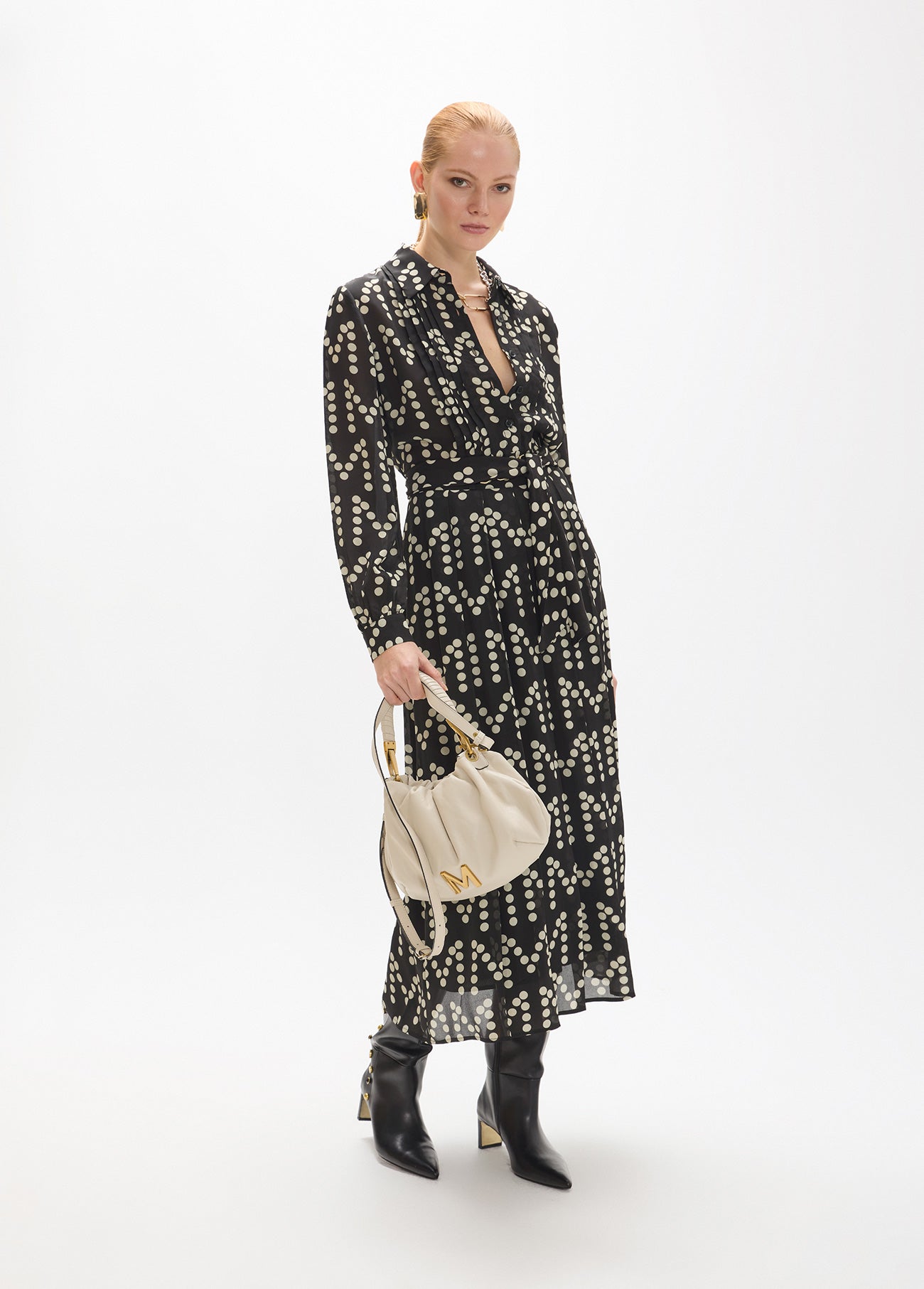 mf2616018-Long dress with draws in monogram polka dot print-Black-Ecru