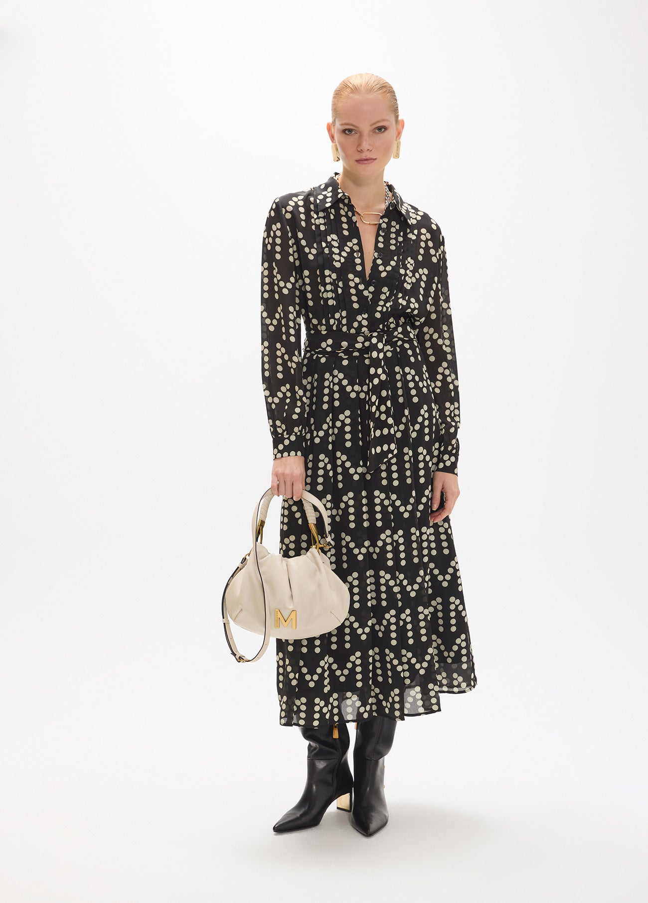 mf2616018-Long dress with draws in monogram polka dot print-Black-Ecru