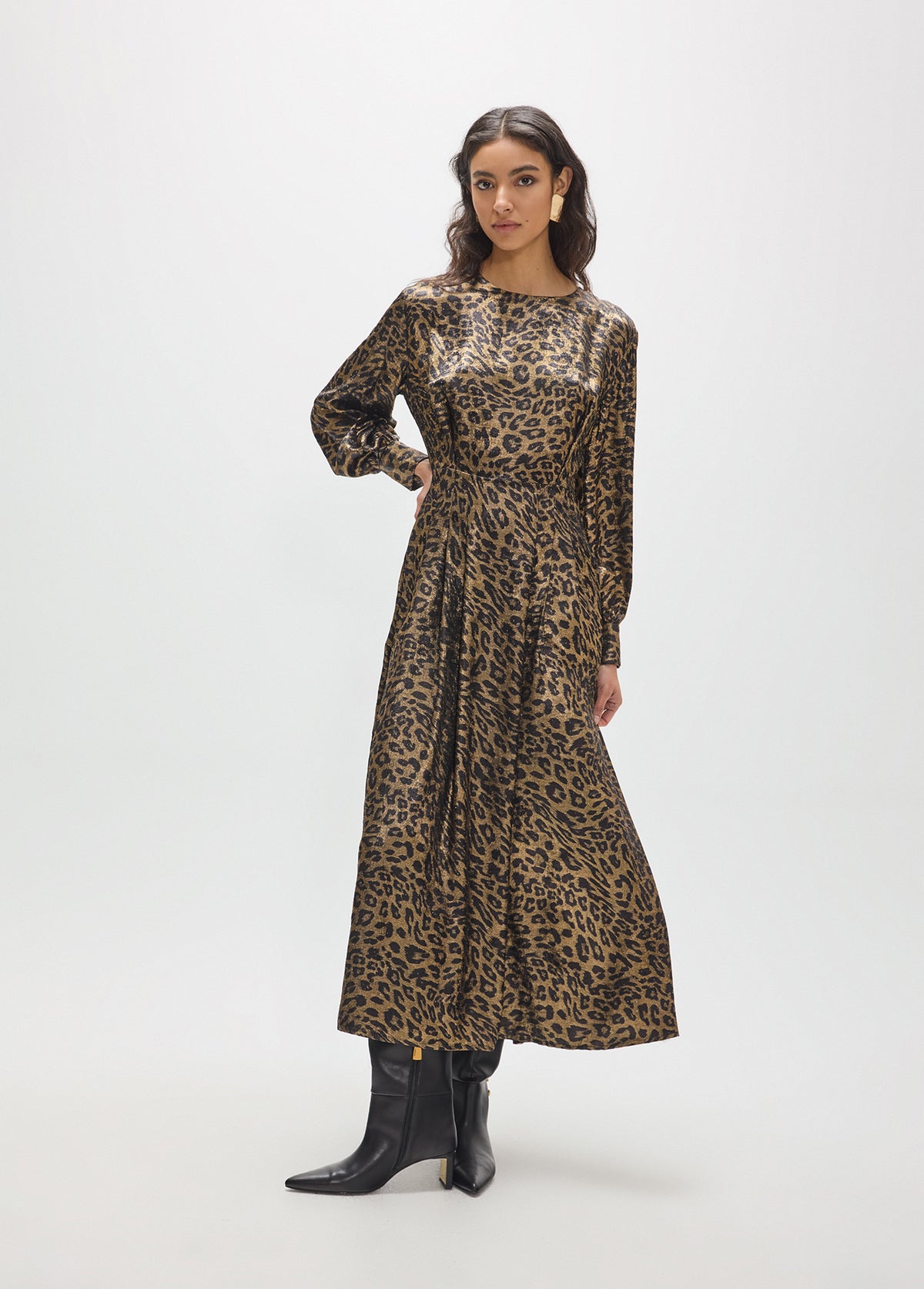 mf2616021-Printed midi dress with round neck and fantasy fabric-Brown-Multicolor