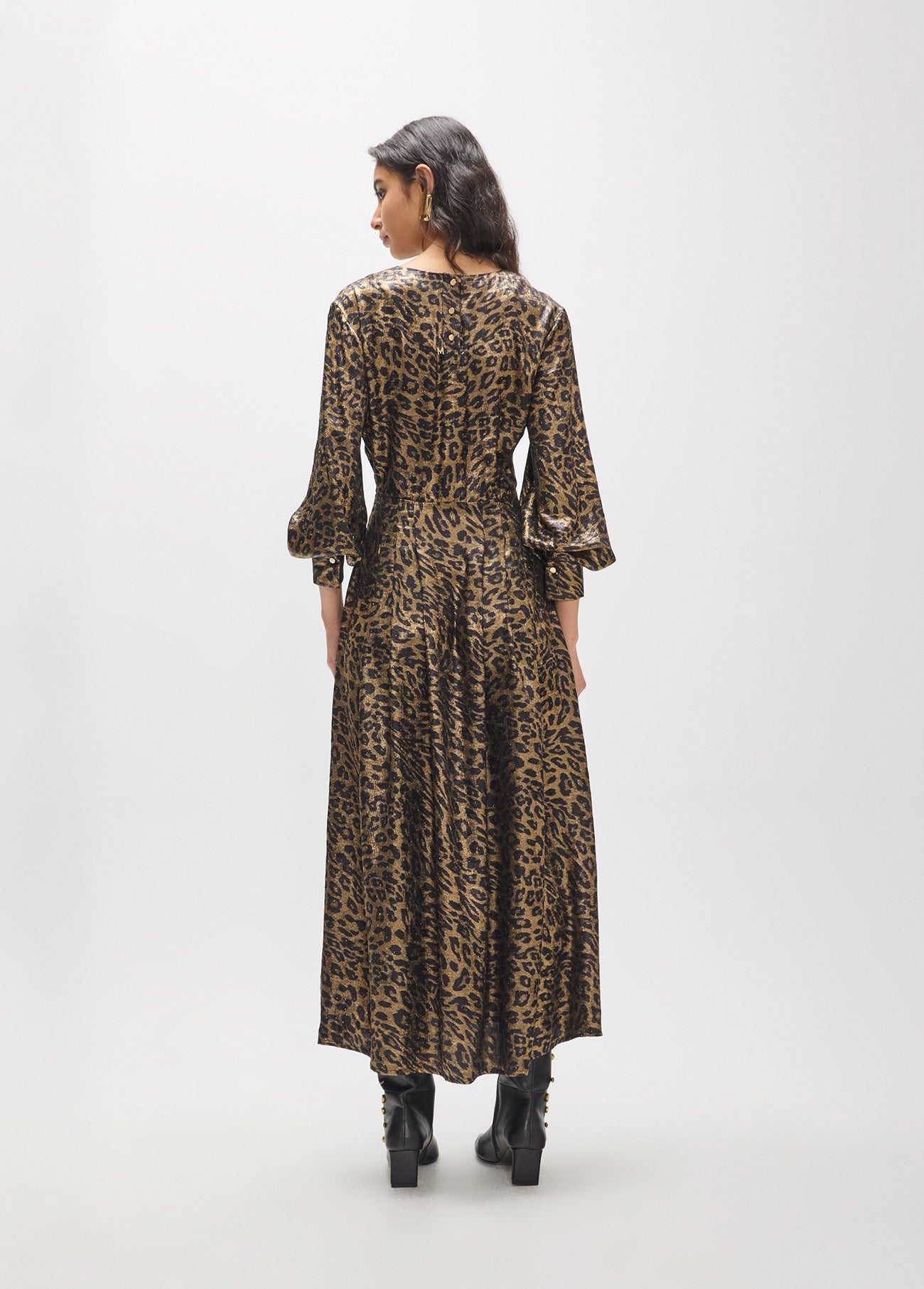 mf2616021-Printed midi dress with round neck and fantasy fabric-Brown-Multicolor