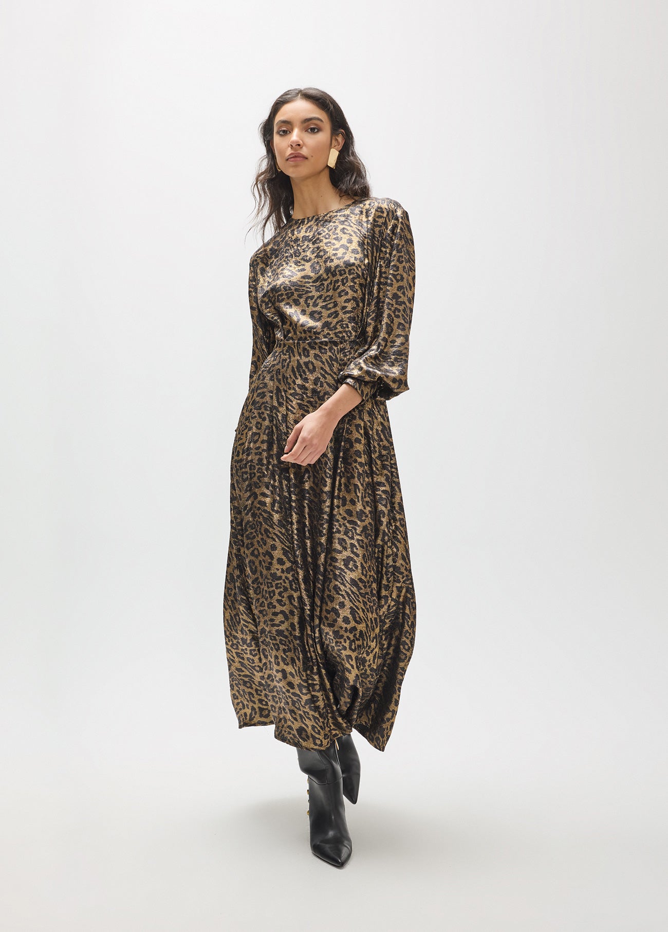 mf2616021-Printed midi dress with round neck and fantasy fabric-Brown-Multicolor