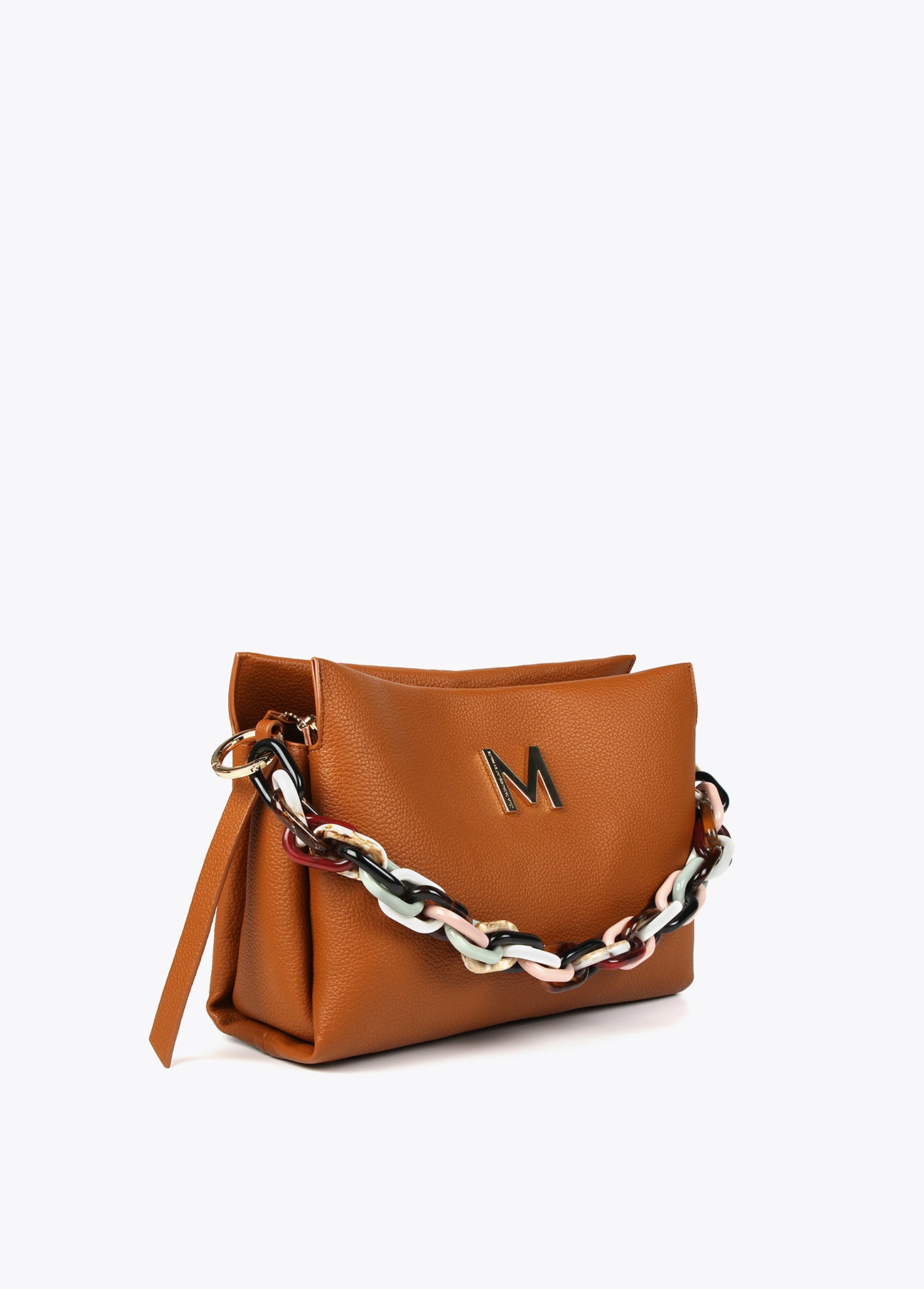 Large faux leather bag with multicoloured strap