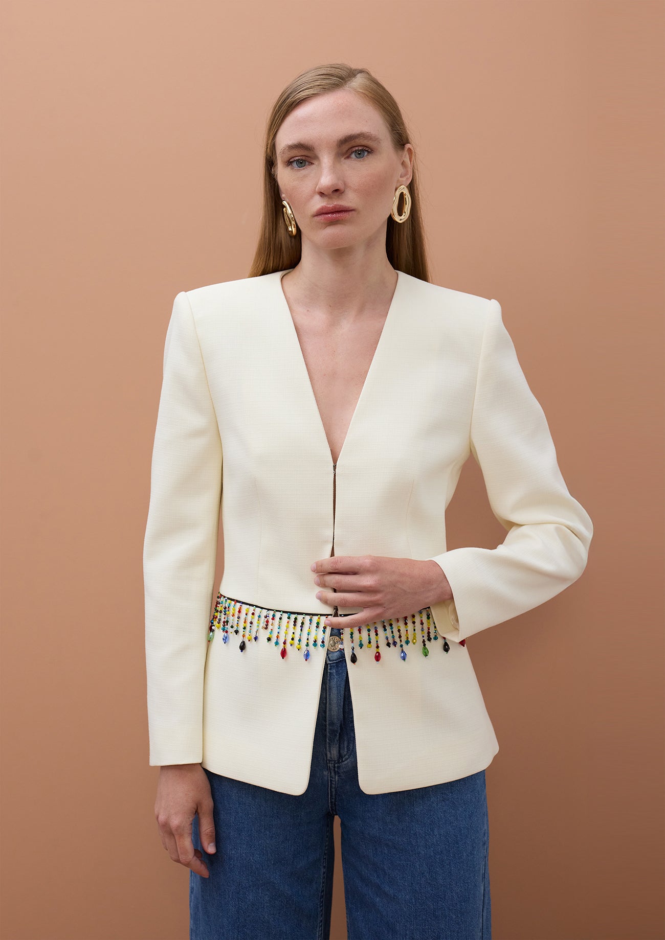 Fitted Blazer with Colorful Stones at Waist