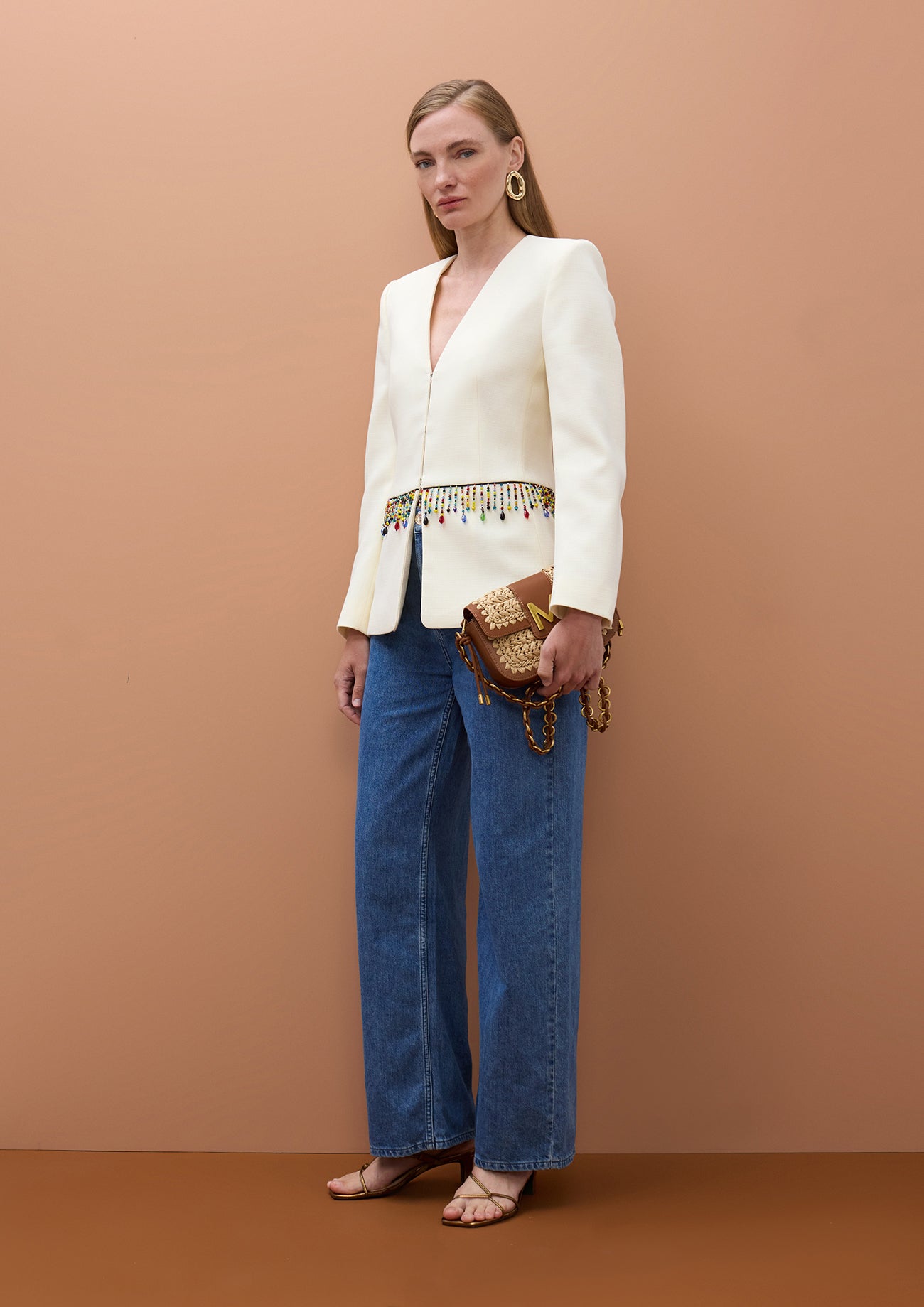 Fitted Blazer with Colorful Stones at Waist