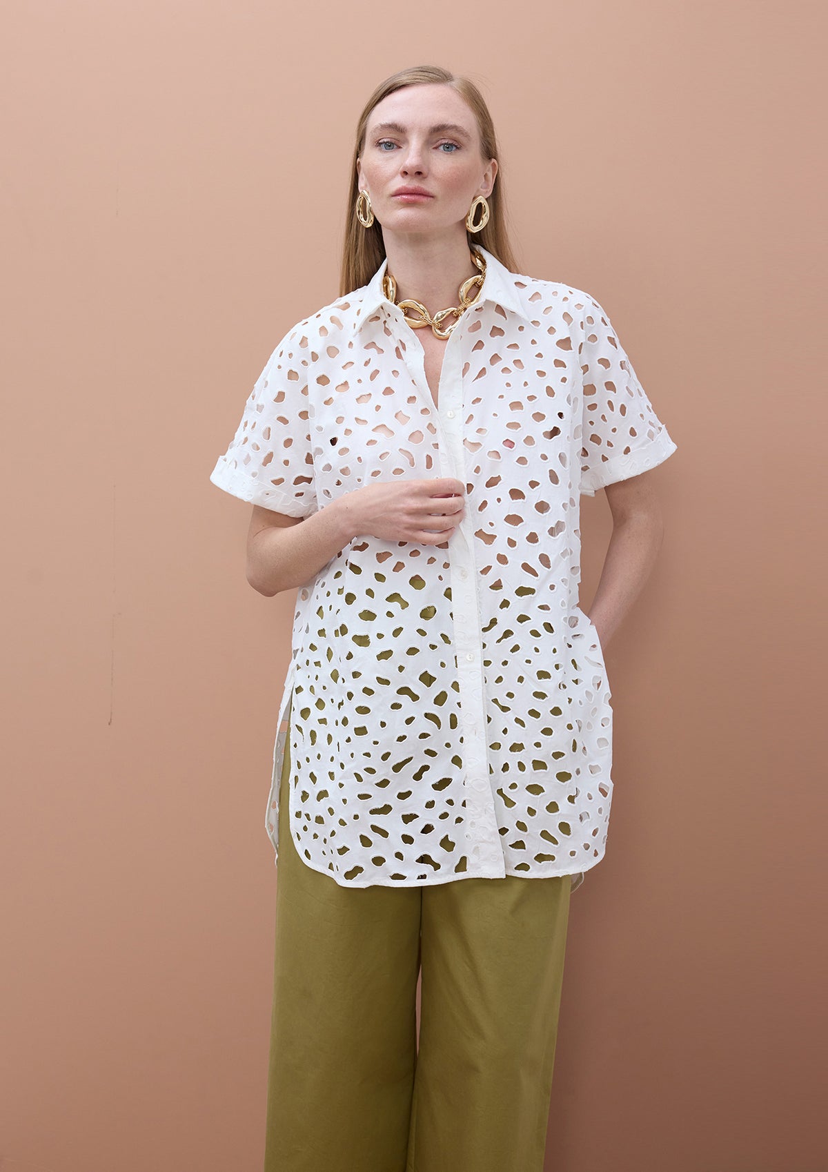 Oversized short sleeved shirt with perforated detailing