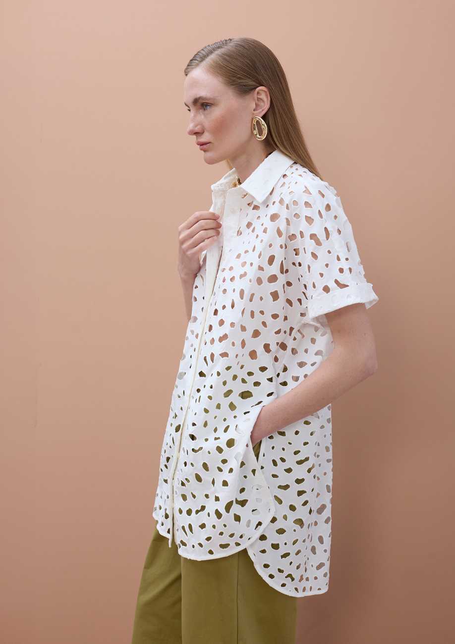 Oversized short sleeved shirt with perforated detailing