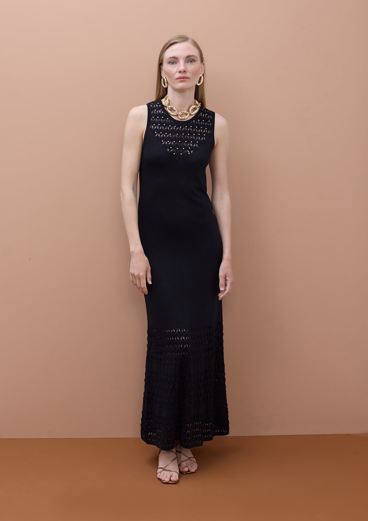 Long Knit Dress with Wide Straps and Hollow Neckline