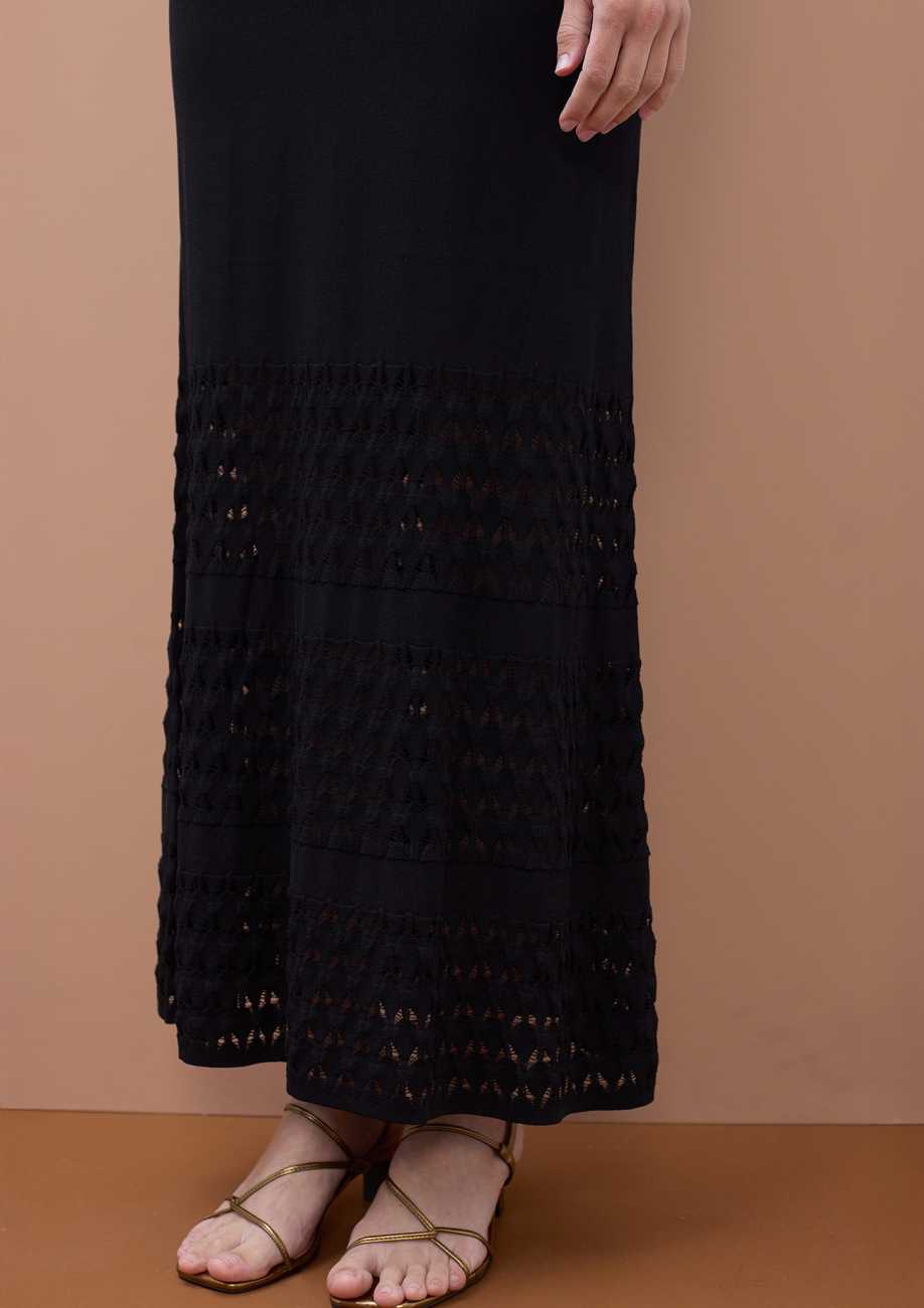 Long Knit Dress with Wide Straps and Hollow Neckline
