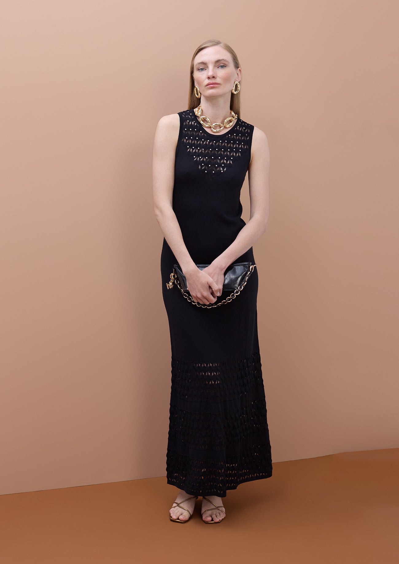 Long Knit Dress with Wide Straps and Hollow Neckline
