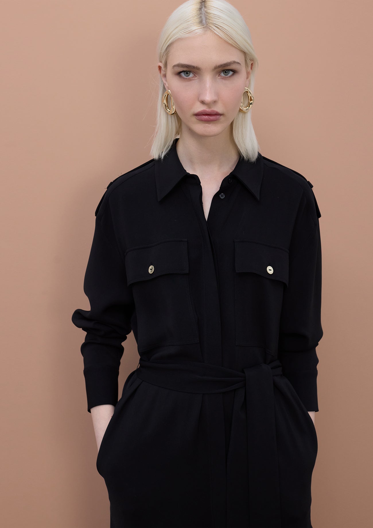 Adjustable long sleeved midi shirt dress