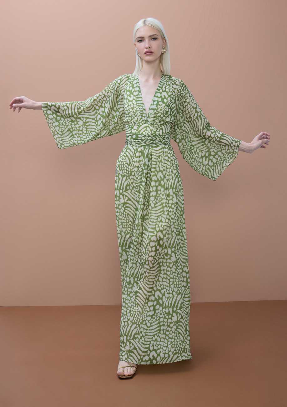 Long Dress Wide Sleeve Adjustable Belt Animal Print