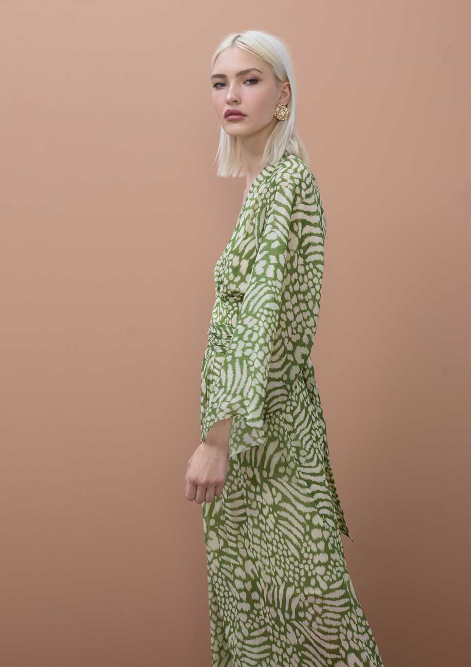 Long Dress Wide Sleeve Adjustable Belt Animal Print
