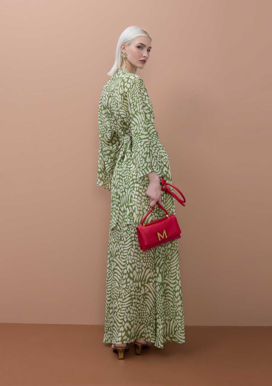 Long Dress Wide Sleeve Adjustable Belt Animal Print
