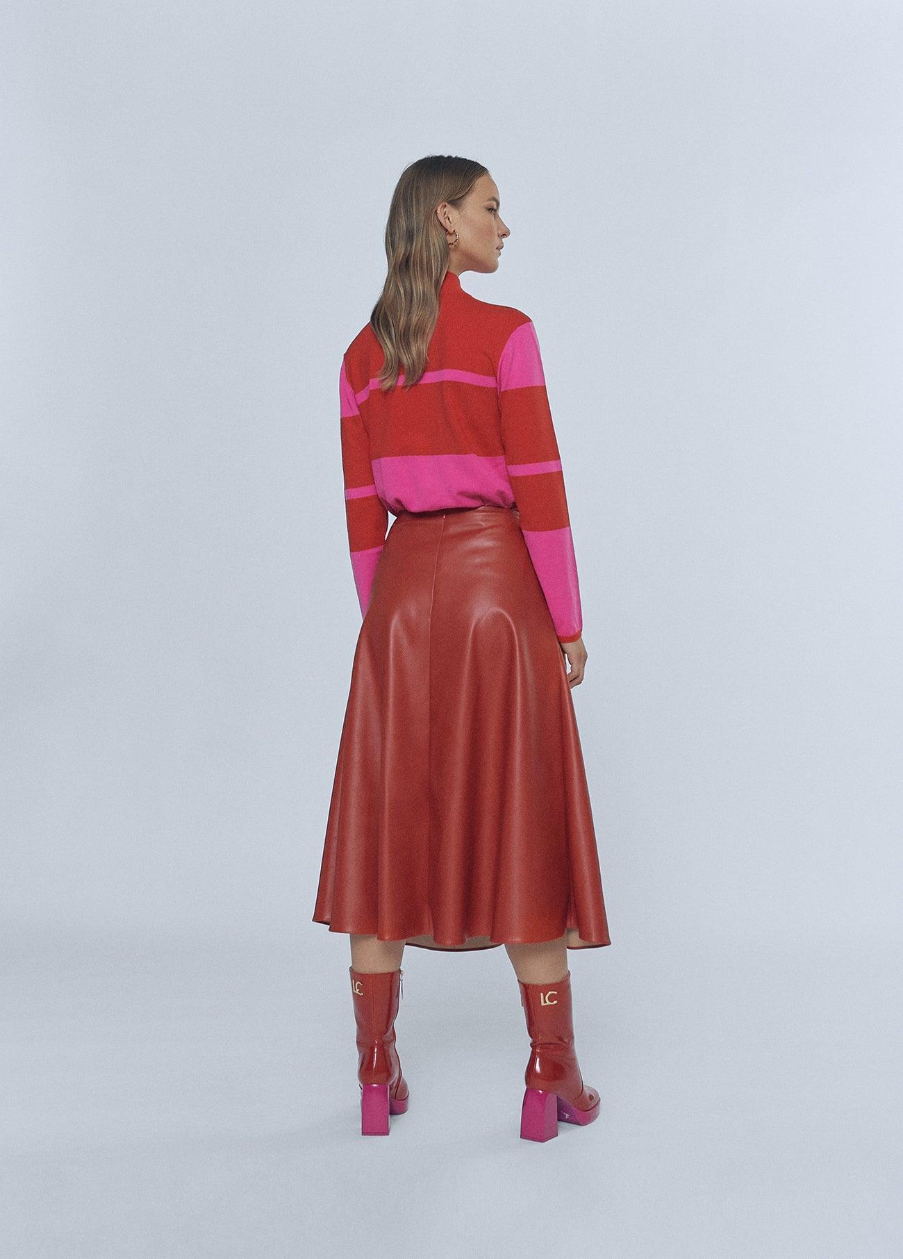 Faux leather shop midi skirt red